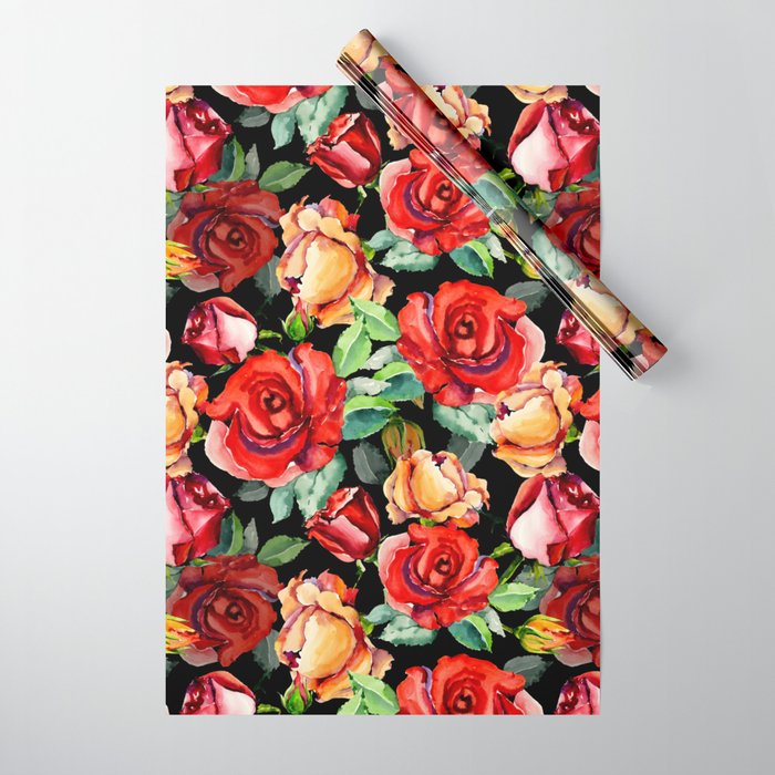 Hand painted black red watercolor roses floral Wrapping Paper by